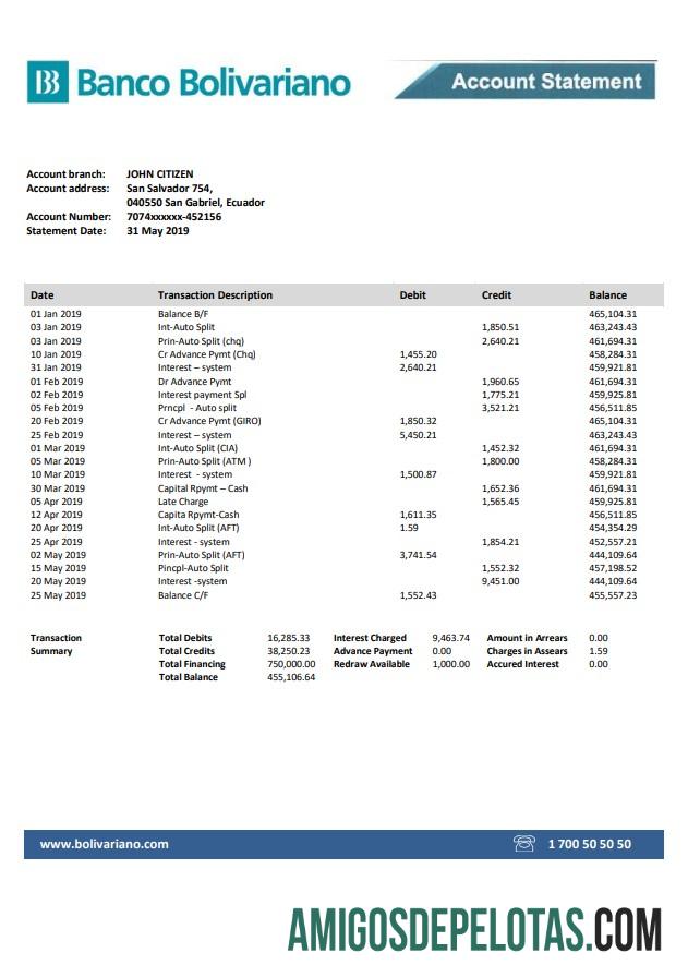 Ecuador Banco Bolivariano modelo de extrato bancário